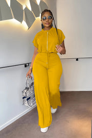 Women Casual Round Neck Drawstring Short Sleeve Top & High Waist Pants Set Summer Solid Two Piece Suit Sets Outfits Set Female