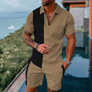 Men's Summer suit  Polo Tracksuit Set  Men Short Sleeve Zipper Polo t-Shirt and Shorts Set  2 Piece Suit  for boy with shorts
