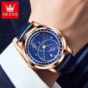 OLEVS Original Men's Automatic Mechanical Watch Fashion Business Leather Strap Luxury Diamond Starry Sky Moon Phase Men's Watch