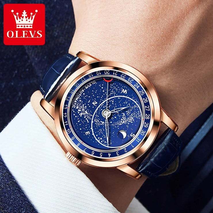 OLEVS Original Men's Automatic Mechanical Watch Fashion Business Leather Strap Luxury Diamond Starry Sky Moon Phase Men's Watch