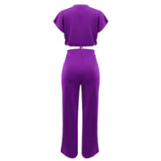 Women Casual Round Neck Drawstring Short Sleeve Top & High Waist Pants Set Summer Solid Two Piece Suit Sets Outfits Set Female