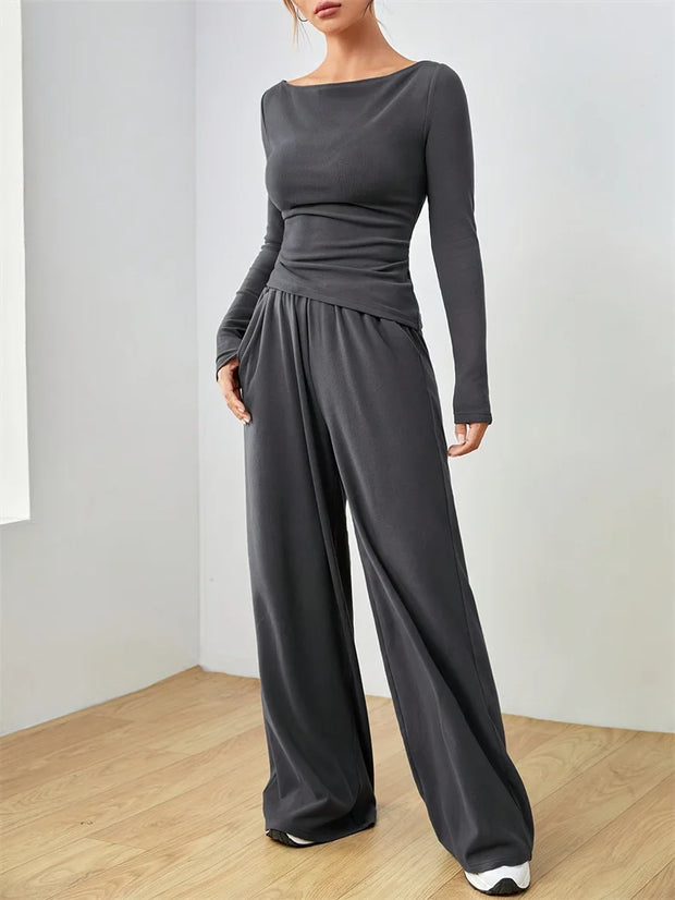 Women's Two-piece Wide Leg Pants Fashion Set Irregular Short Top Women's Clothing Yoga Exercise Set Спортивный Костюм Женский