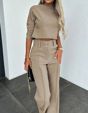 Elegant Office Lady Suits Fashion Solid Color Two Piece Set For Women Casual Crop Top+high Waist Pants Women's Sets 2024 Autumn