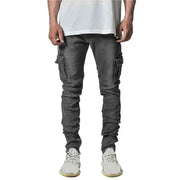 Men Street Elastic Denim Brand Jeans Narrow Legs Multi Pockets Cargo Pants Casual Slim Fit Daily Wear Joggers Mid Waist Trousers
