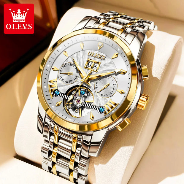 OLEVS 9965 Mens Watch Classic Hollow Out Automatic Mechanical Watch Original Movement Waterproof Luminous Calendar Year Moon