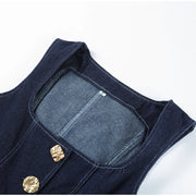 Vintage Women's Denim Sleeveless Set Crop Top With Chic Buttons Matching High Waist Slim Fit Jeans Casual Streetwear Outfits