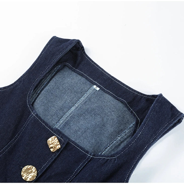 Vintage Women's Denim Sleeveless Set Crop Top With Chic Buttons Matching High Waist Slim Fit Jeans Casual Streetwear Outfits