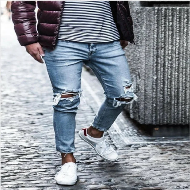 Denim Distressed Mens Pants Autumn Slim Fit and Slimming New Elastic Pants Mens Small Leg Pants