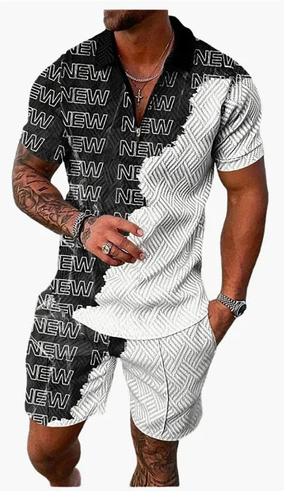 Men's Summer suit  Polo Tracksuit Set  Men Short Sleeve Zipper Polo t-Shirt and Shorts Set  2 Piece Suit  for boy with shorts