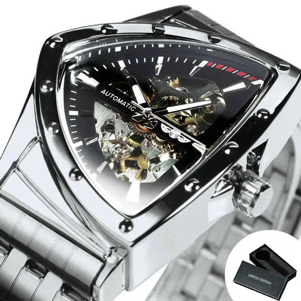 WINNER Military Triangle Skeleton Automatic Watch for Men Gold Sports Mechanical Watches Luxury Stainless Steel Strap Luminous