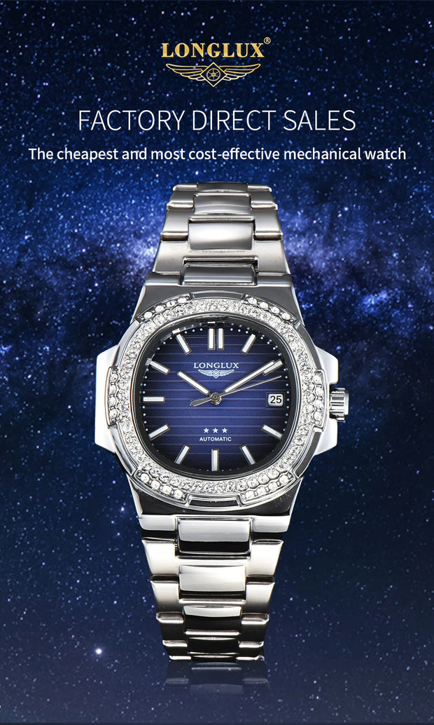 LONGLUX automatic man watch diamond watch luxury stainless steel wholesale mechanical watches day date waterproof man watch