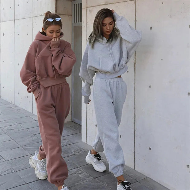 Women Sports Two Piece Sets Hoodie Trousers Solid Color Hooded Pants Outfits Sweatshirt Suit 2024 Autumn Winter Tracksuit