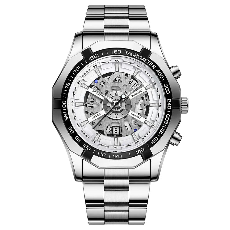 BINBOND Mens Quartz Watches Top Brand Luxury Stainless Steel Waterproof Hollow Out Blue Big Male Wristwatches Relogio Masculino