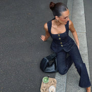 Vintage Women's Denim Sleeveless Set Crop Top With Chic Buttons Matching High Waist Slim Fit Jeans Casual Streetwear Outfits