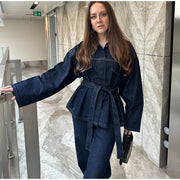 Vintage Belt Denim Jacket Pants Set Women Lapel Single Breasted Jackets Pockets Straight Jeans 2025 Spring Lady Street Outfits