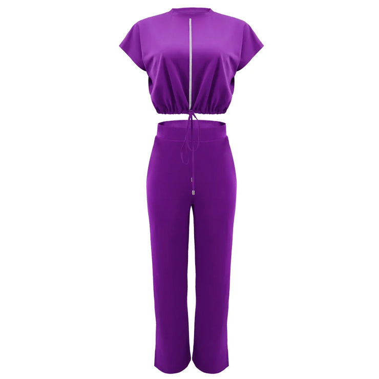 Women Casual Round Neck Drawstring Short Sleeve Top & High Waist Pants Set Summer Solid Two Piece Suit Sets Outfits Set Female