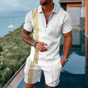 Men's Summer suit  Polo Tracksuit Set  Men Short Sleeve Zipper Polo t-Shirt and Shorts Set  2 Piece Suit  for boy with shorts