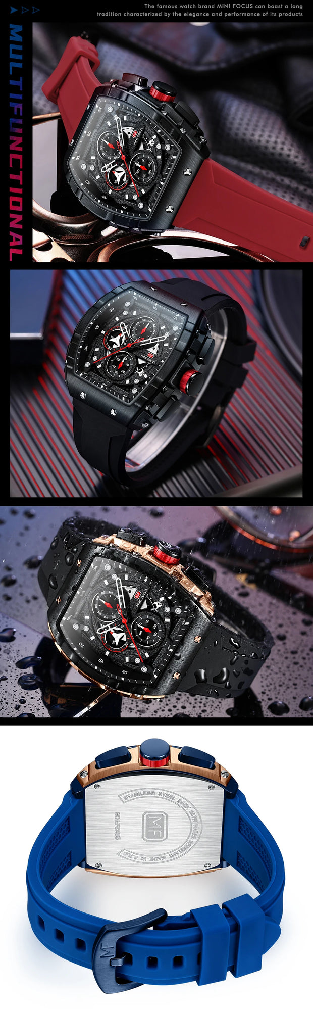 MINI FOCUS Chronograph Quartz Watch for Men Tonneau Dial Military Sport Wristwatch Male with Orange Silicone Strap Auto Date