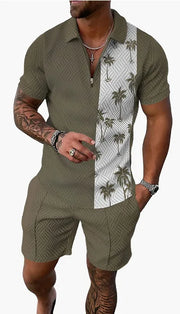 Men's Summer suit  Polo Tracksuit Set  Men Short Sleeve Zipper Polo t-Shirt and Shorts Set  2 Piece Suit  for boy with shorts