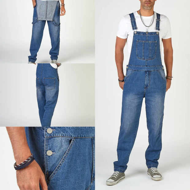 Men's Denim Bib Pants Washed Full Length Jumpsuits Hip Hop Straight Jeans Overalls for Men Streetwear New Male Jumpsuit