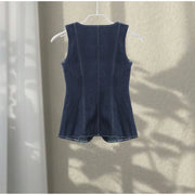 Vintage Women's Denim Sleeveless Set Crop Top With Chic Buttons Matching High Waist Slim Fit Jeans Casual Streetwear Outfits
