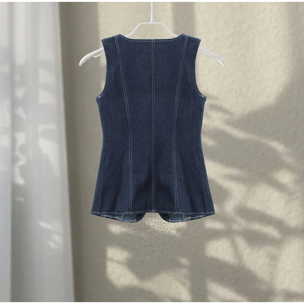 Vintage Women's Denim Sleeveless Set Crop Top With Chic Buttons Matching High Waist Slim Fit Jeans Casual Streetwear Outfits