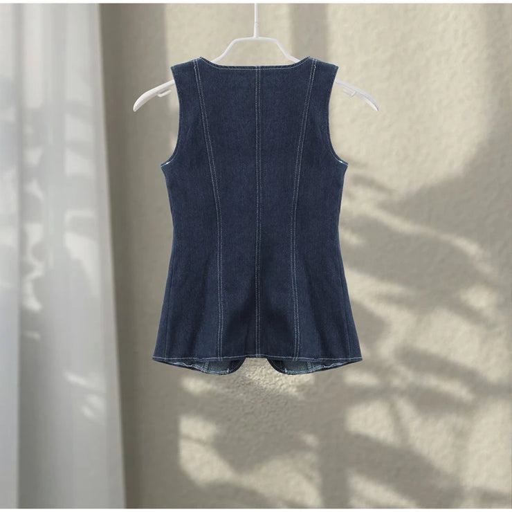 Vintage Women's Denim Sleeveless Set Crop Top With Chic Buttons Matching High Waist Slim Fit Jeans Casual Streetwear Outfits