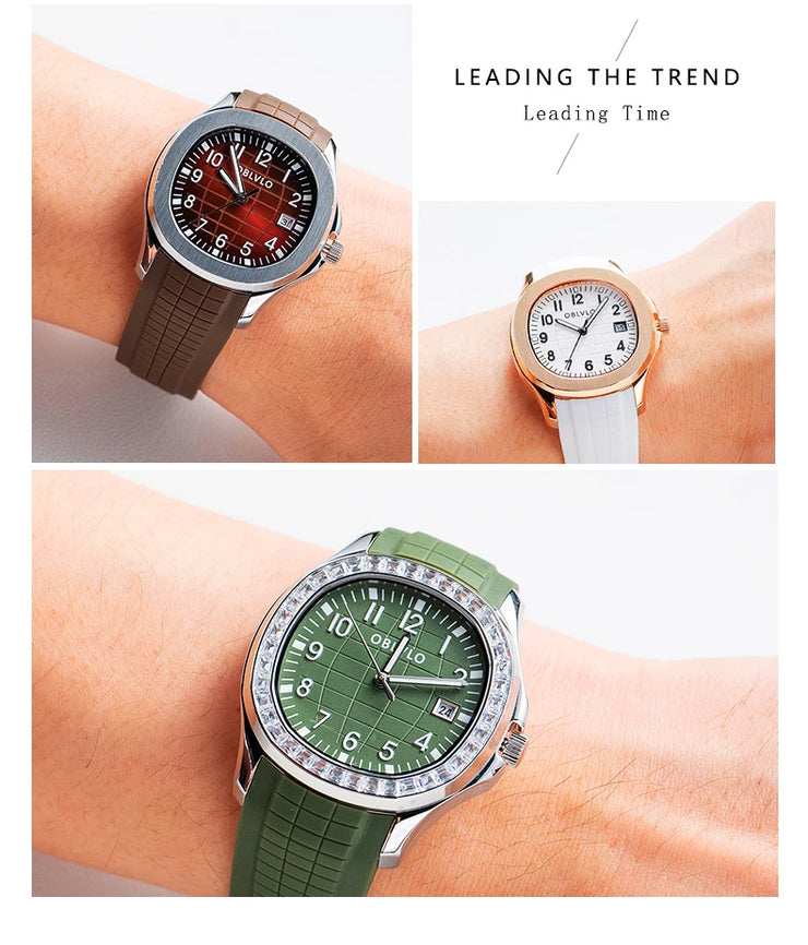 OBLVLO Trend Luxury Rose Gold Diamond Date Mechanical Automatic Watches For Men Blue Silicone Strap Waterproof Sport Watch FM-SL