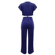 Women Casual Round Neck Drawstring Short Sleeve Top & High Waist Pants Set Summer Solid Two Piece Suit Sets Outfits Set Female