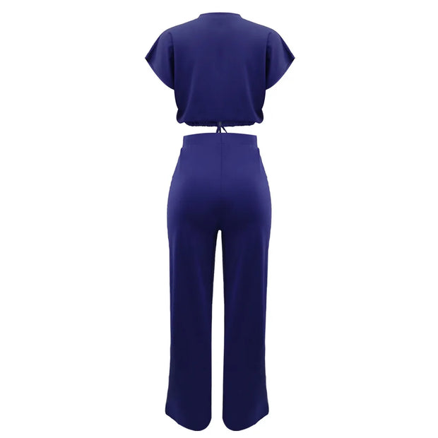Women Casual Round Neck Drawstring Short Sleeve Top & High Waist Pants Set Summer Solid Two Piece Suit Sets Outfits Set Female