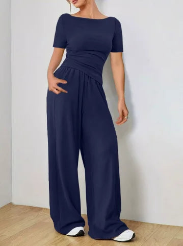 Women's Two-piece Wide Leg Pants Fashion Set Irregular Short Top Women's Clothing Yoga Exercise Set Спортивный Костюм Женский