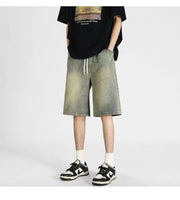 Men's denim shorts, men's 2025 summer thin style retro loose American fashion brand casual five inch mid length pants