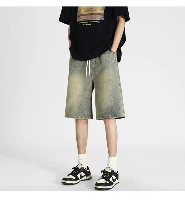 Men's denim shorts, men's 2025 summer thin style retro loose American fashion brand casual five inch mid length pants