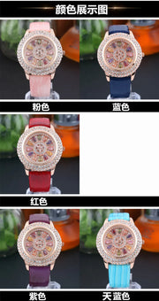 Korean Ladies Watch Colorful Rhinestones Dashi Dial Quartz Watch Casual Leather Ladies Clock Gift Relogio Feminino