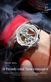 OLEVS 6661 Fully Hollow Automatic Man Watch Fashion Leather Strap Waterproof Luminous Hand Clock Men's Mechanical Wristwatches