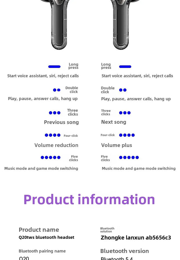 Wireless Bluetooth-compatible Earphones Intelligent Touch Color LCD Screen TWS Earbuds HIFI Noise Reduction Stereo Earphones