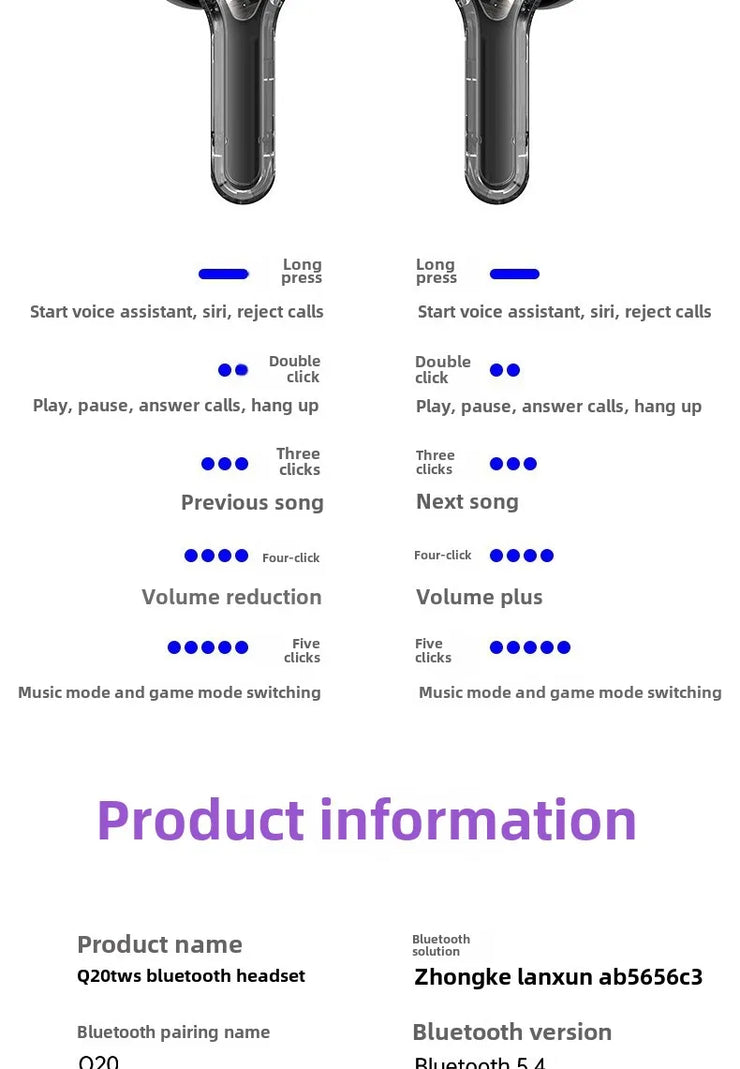 Wireless Bluetooth-compatible Earphones Intelligent Touch Color LCD Screen TWS Earbuds HIFI Noise Reduction Stereo Earphones