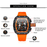 MINI FOCUS Chronograph Quartz Watch for Men Tonneau Dial Military Sport Wristwatch Male with Orange Silicone Strap Auto Date