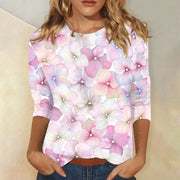 2024 Women Summer Tops Comfortable T Shirt Fashion Flower Print Round Neck 3/4 Sleeve Tops Soft Versatile Pullover Ropa De Mujer