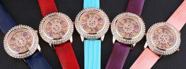 Korean Ladies Watch Colorful Rhinestones Dashi Dial Quartz Watch Casual Leather Ladies Clock Gift Relogio Feminino