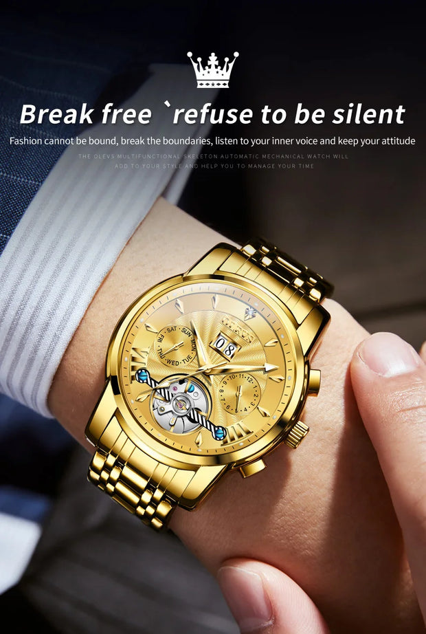 OLEVS 9965 Mens Watch Classic Hollow Out Automatic Mechanical Watch Original Movement Waterproof Luminous Calendar Year Moon