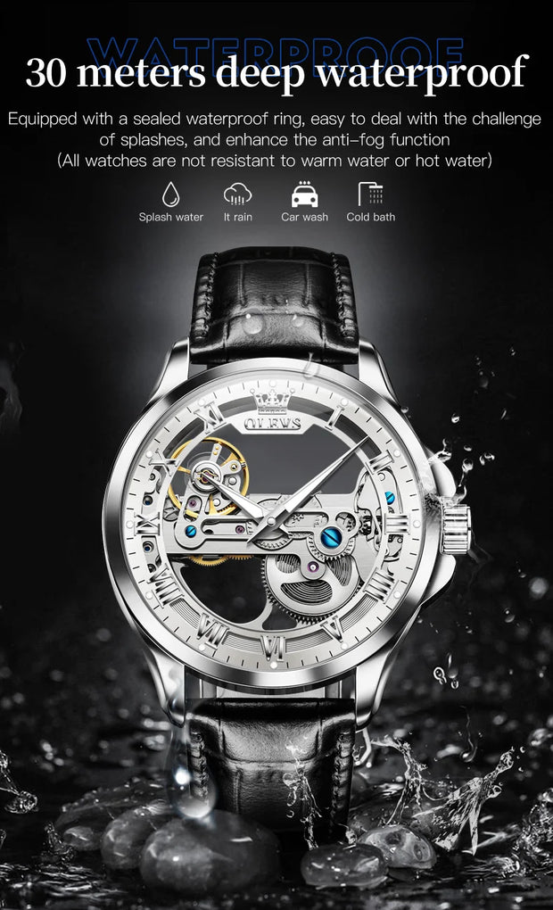 OLEVS 6661 Fully Hollow Automatic Man Watch Fashion Leather Strap Waterproof Luminous Hand Clock Men's Mechanical Wristwatches