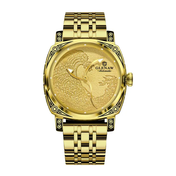 GLENAW Surfing Dial Mechanical Watch Men Retro Engraving Sailing Pointer Automatic Wrist Hand Stainless Steel WaterproofLuminous