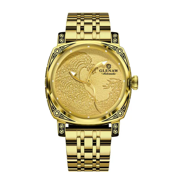 GLENAW  Mechanical Wristwatch Watches Men Surfing Sailboat Pointer Luminous Transparent Skeleton Mechanical Leather Male Clock