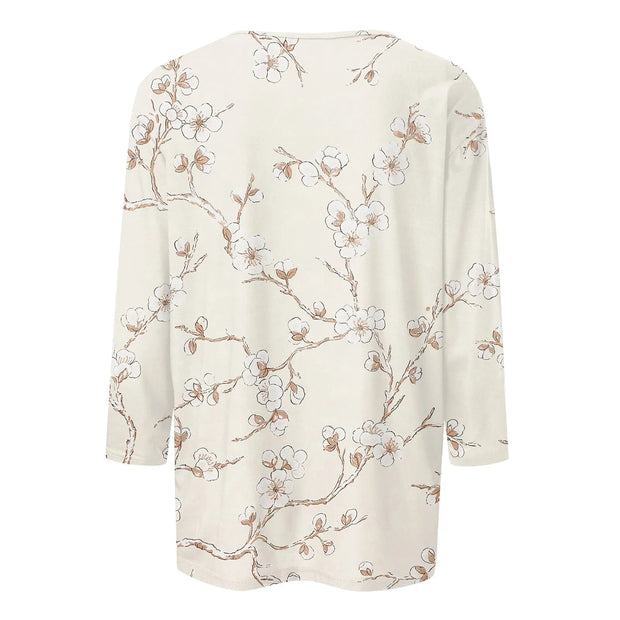 2024 Women Summer Tops Comfortable T Shirt Fashion Flower Print Round Neck 3/4 Sleeve Tops Soft Versatile Pullover Ropa De Mujer