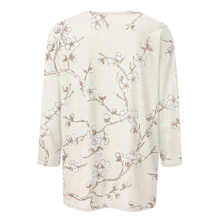 2024 Women Summer Tops Comfortable T Shirt Fashion Flower Print Round Neck 3/4 Sleeve Tops Soft Versatile Pullover Ropa De Mujer
