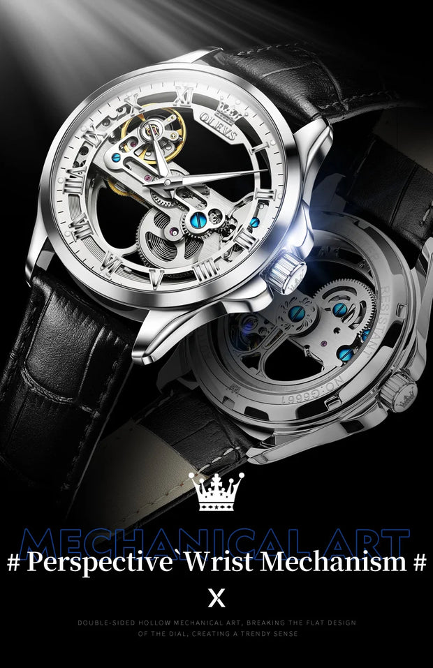 OLEVS 6661 Fully Hollow Automatic Man Watch Fashion Leather Strap Waterproof Luminous Hand Clock Men's Mechanical Wristwatches