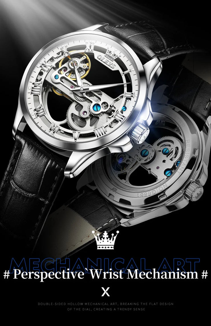 OLEVS 6661 Fully Hollow Automatic Man Watch Fashion Leather Strap Waterproof Luminous Hand Clock Men's Mechanical Wristwatches