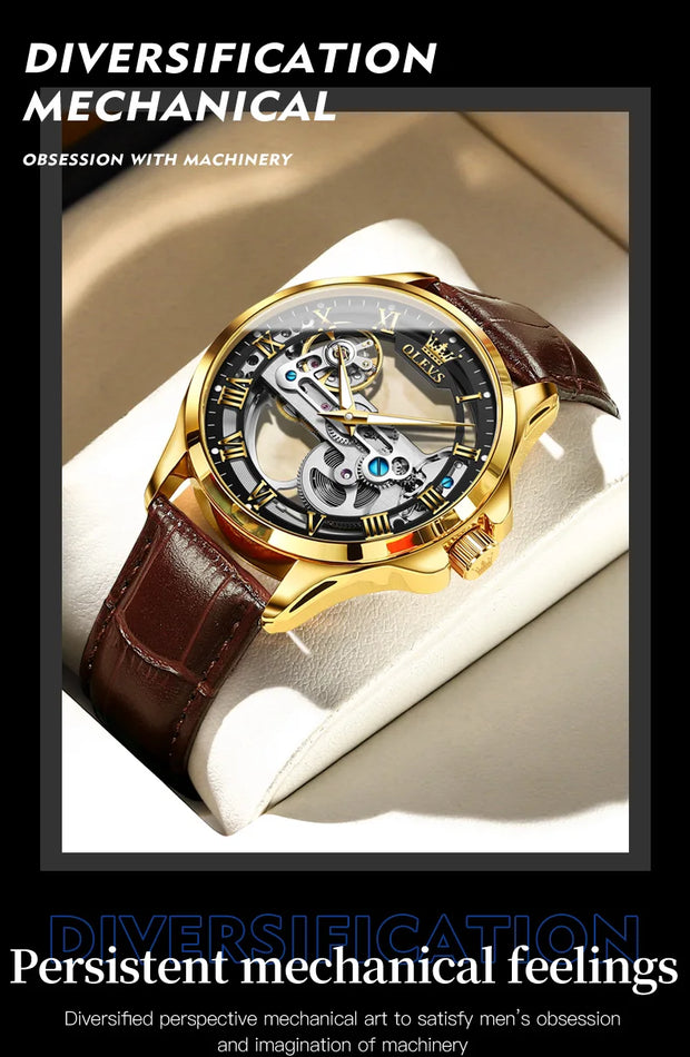 OLEVS 6661 Fully Hollow Automatic Man Watch Fashion Leather Strap Waterproof Luminous Hand Clock Men's Mechanical Wristwatches