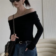Women Sexy Tops Off Shoulder Long Sleeve Knitted T-shirt Solid Elegant Autumn Winter New Spicy Girl Slim Fit Short Red Crop Top